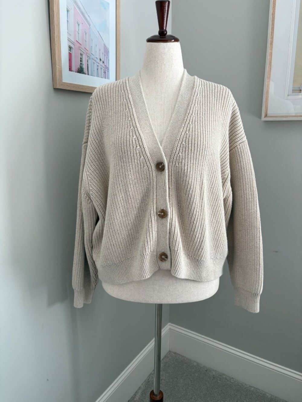 Quince Womens Beige Knit Cardigan Sweater XL Button-Down Long Sleeve 100% Cotton